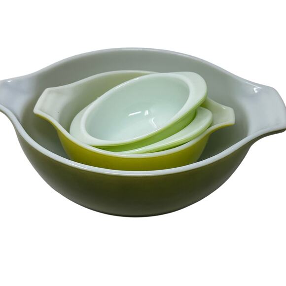 Vintage Pyrex 4 Pc Verde Green Mixing Bowl Set Mid Century Nesting - Picture 12 of 12